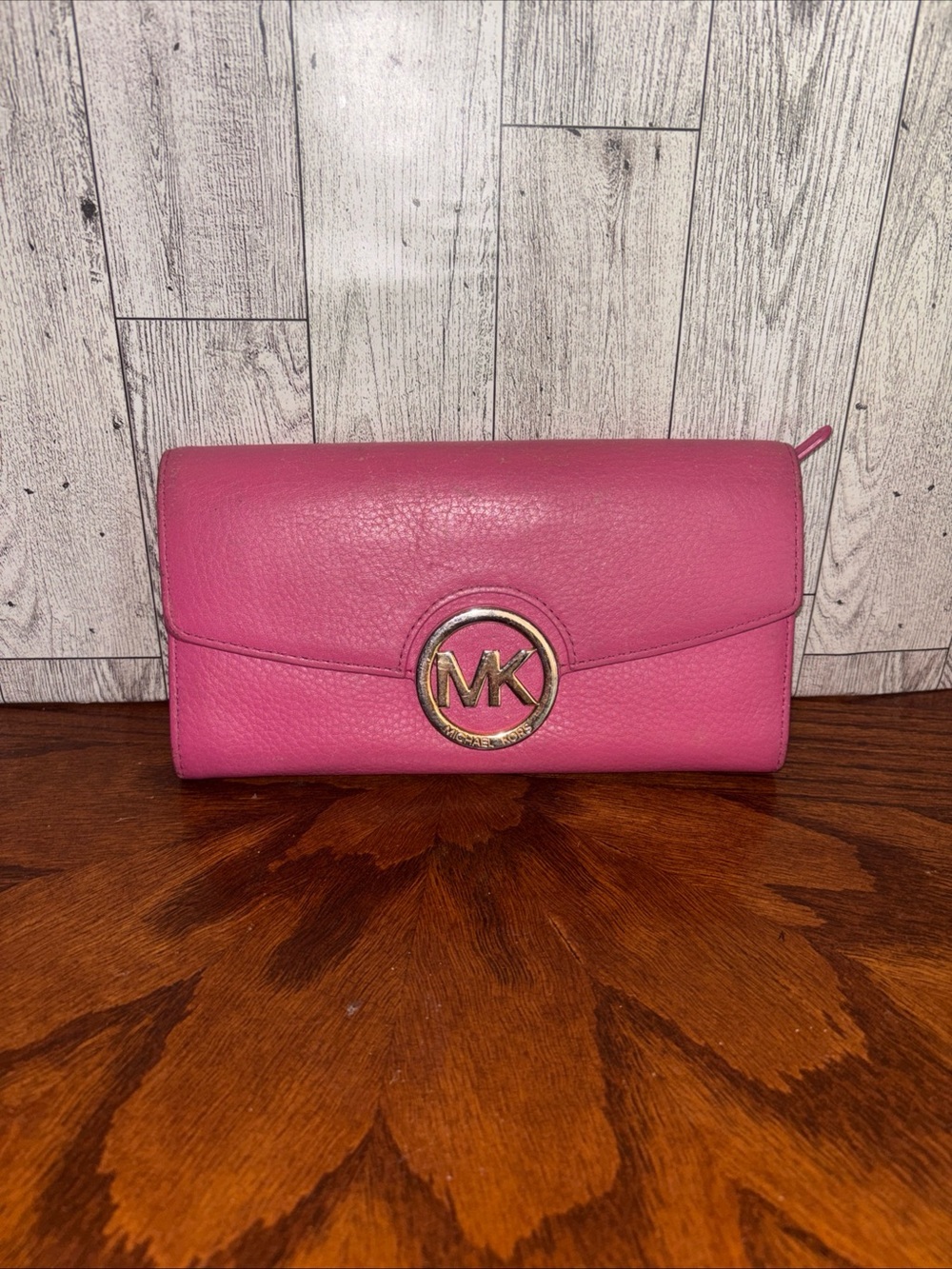 Michael Kors Hot Pink Pebbled Leather MK Logo Continental Wallet